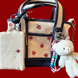 Madden Girl Mushroom Canvas Mini Tote Crossbody Bag Charms & Keychain